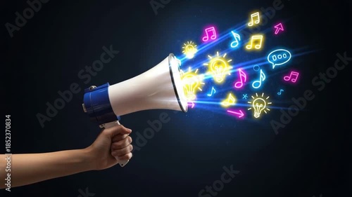 A hand holds a megaphone, with colorful musical notes and lightbulb icons radiating outward