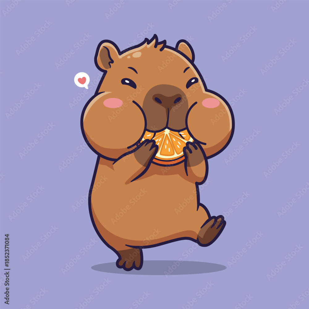 Obraz premium Cute Cartoon Capybara Eating Orange Slice with Puffy Cheeks Vector Illustration