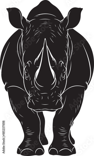 Black and white rhino head and shoulders front view graphic rhinoceros animal