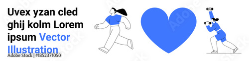 Fitness, health, exercise motivation, emotional well-being, active lifestyle, physical activity. Two characters exercising with a central blue heart icon. Fitness and health concepts