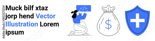 Coding education, financial planning, online safety, insurance, software development, web security. Woman programming on laptop, money bag and shield with cross. Coding education and financial