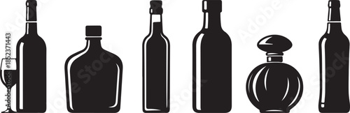 Five black and white bottle silhouettes with a wine glass