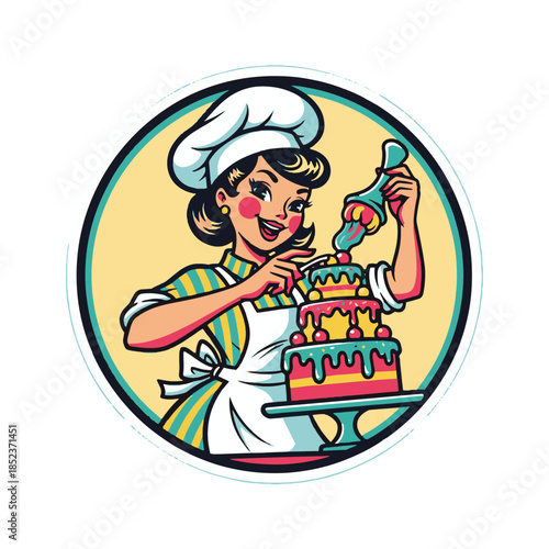 Baker Decorating Layered Cake with Icing