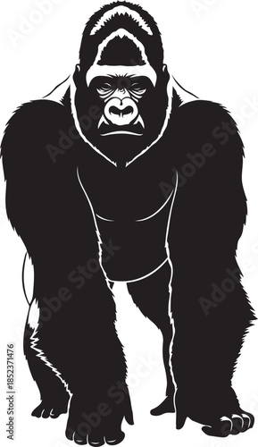 Black silhouette of a gorilla standing on a white background primate animal