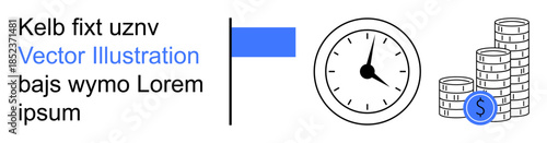 Time tracking, wealth management, productivity strategies, financial goals, organizational tools, business analytics. Clock with coins and blue flag. Time tracking and wealth management concept