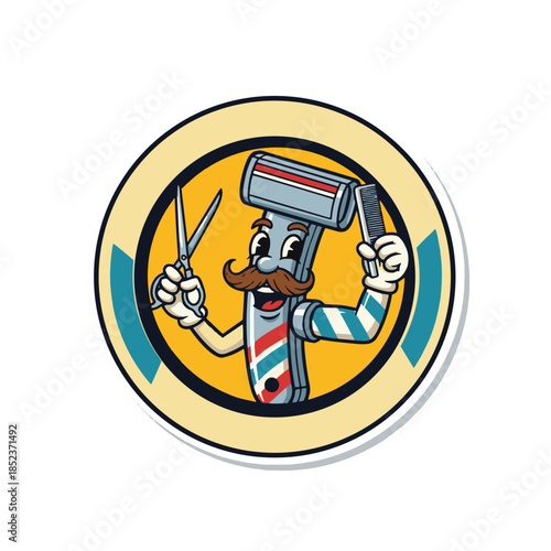 Cartoon Barber Robot with Scissors and Comb