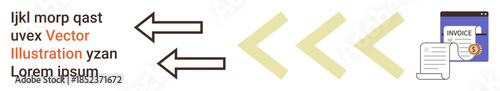 Business process, direction planning, financial management, workflow organization, data transfer, invoicing. Arrows pointing towards an invoice document with text adjacent. Business process