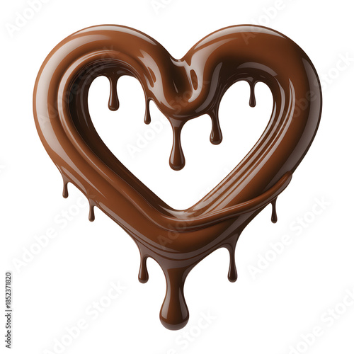 A beautiful heart shape made of smooth and glistening dripping chocolate, isolated background