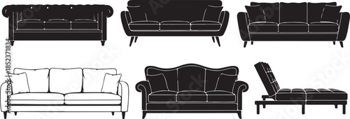 Five Different Styles of Black and White Sofas in Line couch line furniture