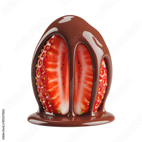 A delicious and decadent strawberry cut in half and covered in flowing melted chocolate