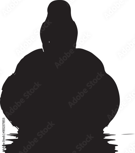 Black silhouette of a seated Buddha statue with rough water reflection white
