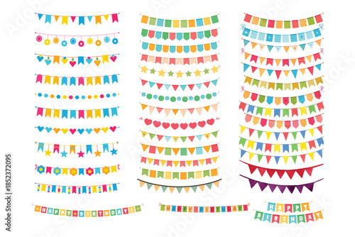 Party bunting. Color paper triangular flags collected and draped in garlands, happy birthday buntings. Party celebration bunting, fabric festive flag. Cartoon isolated vector icons set