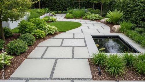 Elegant modern garden pathway with lush greenery and a small pond for outdoor relaxation
