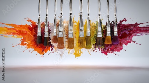 Chromatic Creation: A vibrant display of brushes suspended mid-air, each one unleashing a burst of colorful paint, symbolizing artistic expression and the palette of imagination.
