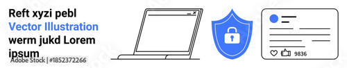 Online safety, cybersecurity, data protection, digital identity, secure login, social media protection. Laptop, shield with lock user profile. Online safety and cybersecurity concept