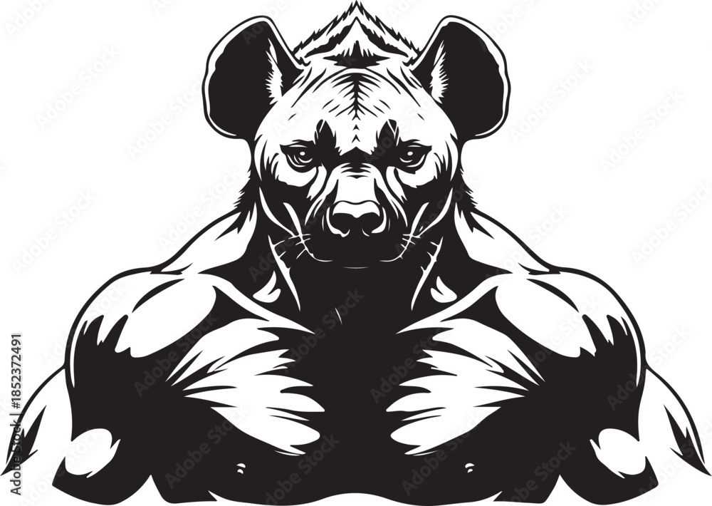 Fototapeta premium Muscular Hyena Head and Shoulders Black and White Vector Art animal wild