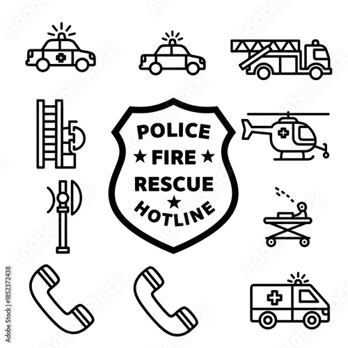 Emergency services line icon set featuring police, fire, rescue, and medical hotline symbols.