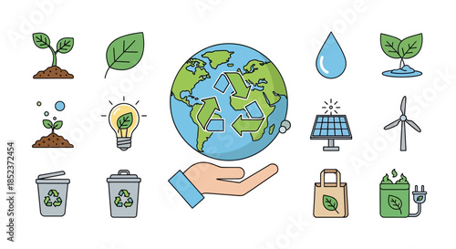 Environmental Icons - Earth, Plants, Water, Wind Turbine, Solar Panel, Recycling Bins, and Hand.