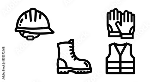 Essential Construction Safety Gear - Hard Hat, Boots, Gloves, and Vest.