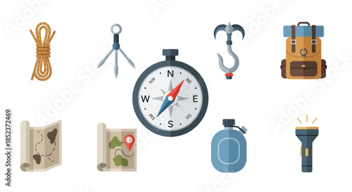 Essential Camping and Hiking Gear - Compass, Rope, Map, and More.