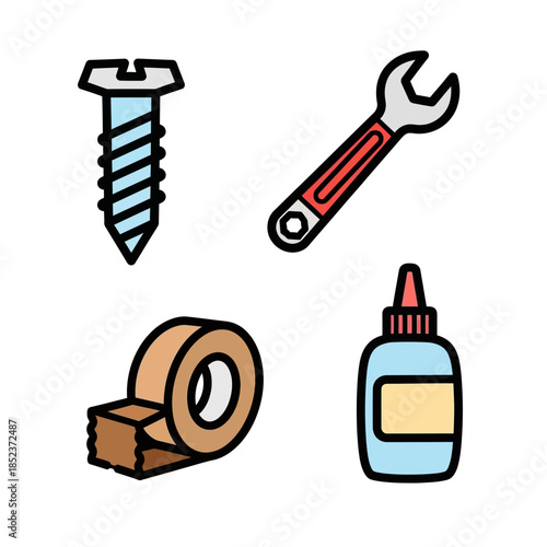Essential DIY tools and supplies - screw, wrench, tape, and glue in a playful cartoon style.