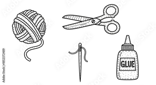 Engraved line art crafting tools set - yarn, scissors, needle, and glue bottle.