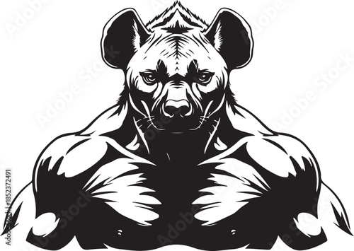 Muscular Hyena Head and Shoulders Black and White Vector Art animal wild