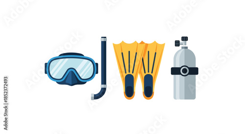 Essential scuba diving and snorkeling gear set, featuring blue mask, snorkel, yellow fins, and silver tank.