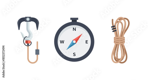 Essential Outdoor Gear - Carabiner, Compass, and Rope for Adventure.