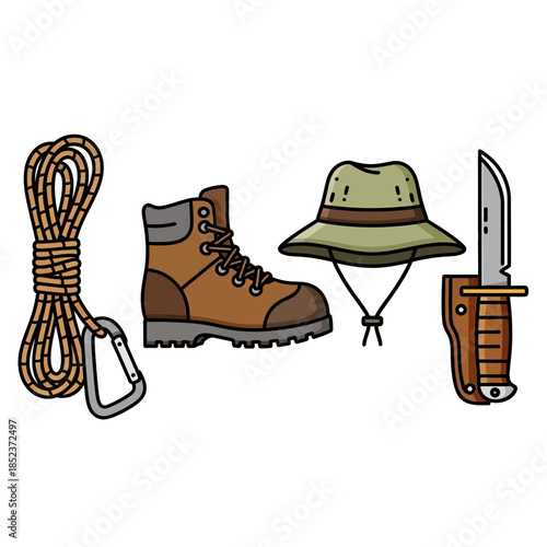 Essential outdoor adventure gear - sturdy hiking boot, coiled rope, carabiner, boonie hat, and survival knife.