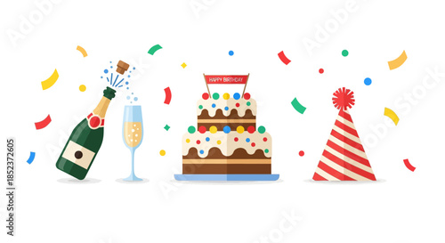 Festive Birthday Celebration Illustration Featuring Cake, Champagne, and Party Hat.