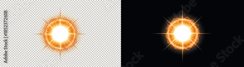 Bright Radiant Orange Sunburst and Glowing Star Lens Flare Effect Isolated on Transparent and Black Backgroun.