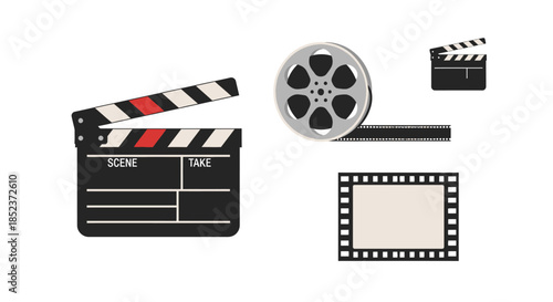 Film Industry Elements - Clapperboard, Film Reel, and Film Strip Illustration.