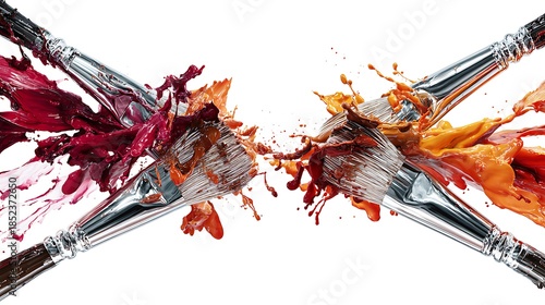 Burst of Colors: Artistic brushes collide, splattering vibrant paint in a dynamic display of creativity and imagination.