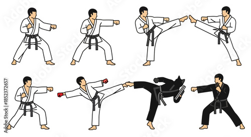 Dynamic martial arts poses illustration featuring karate practitioners in white and black gis, demonstrating various kicks and punches.