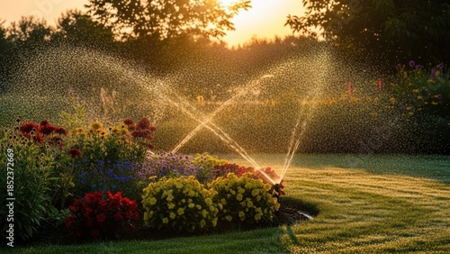 Sunset garden scene with sprinklers watering colorful blooming flowers in warm evening light