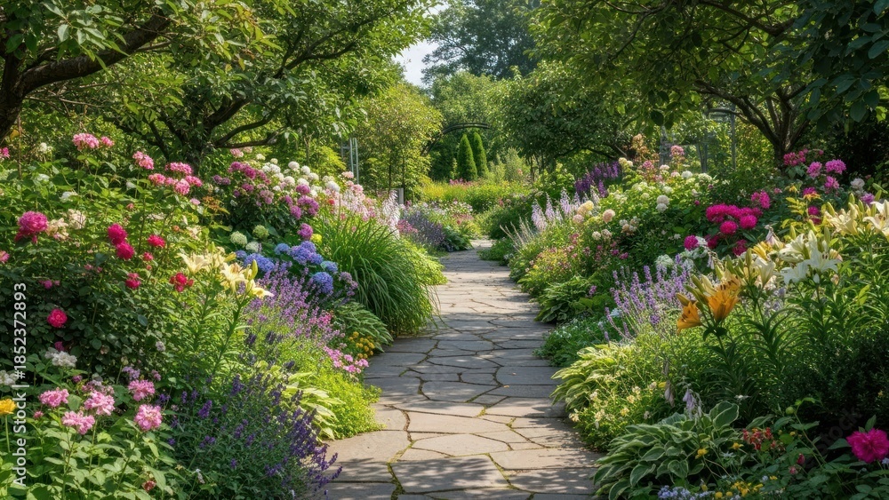 Naklejka premium Serene garden pathway surrounded by colorful blooming flowers and lush green trees in springtime
