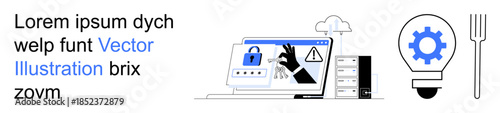 Cybersecurity, data protection, online threats, innovation, software, problem-solving. A laptop showing locks and warning signs, a gear in a light bulb. Cybersecurity and data protection