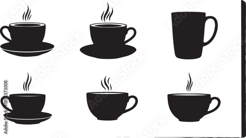 Six black coffee cups with steam rising from them on a white background