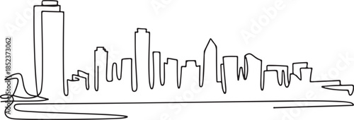 Modern city skyline continuous line illustration with urban buildings silhouette and minimalist metropolitan outline design