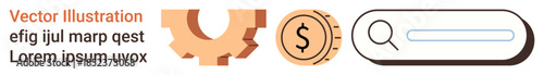Business strategy, online search, financial analysis, digital tools, e-commerce, user experience. Gear, coin search bar graphics. Business strategy and online search