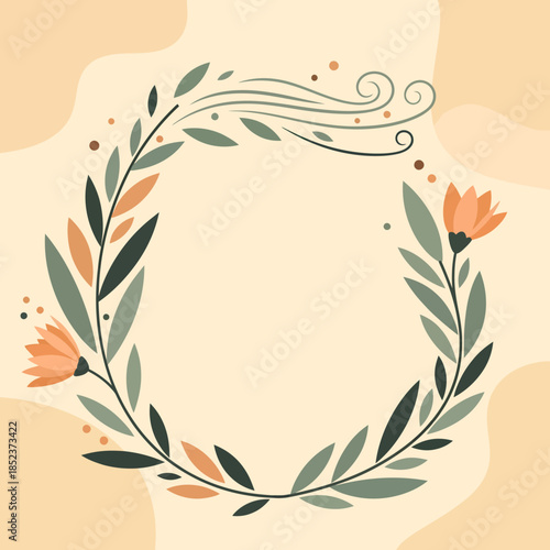 Elegant Floral Wreath with Delicate Orange Blossoms and Green Leaves.