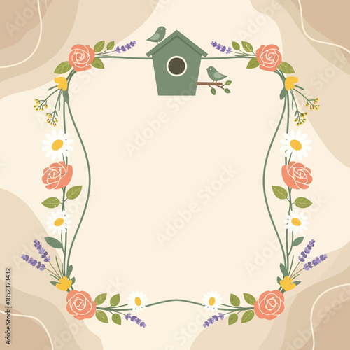 Floral Spring Border with Birdhouse and Birds.