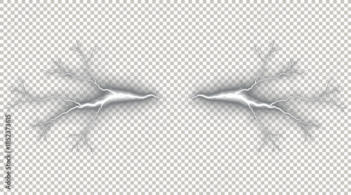 Symmetrical White Glowing Lightning Bolts and Jagged Cracked Branching Overlays Isolated on Transparent Background.