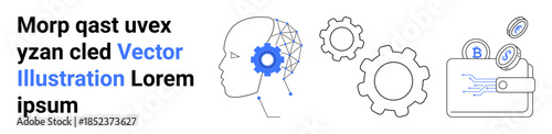 Artificial intelligence, digital finance, technology evolution, innovation, automation, cognitive processes. Human head integrated with gears, wallet with coin symbols. Artificial intelligence