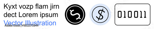 Financial technology, digital banking, data encryption, currency exchange, blockchain, online payments. Dollar symbols and binary code in minimal design. Financial technology and digital banking