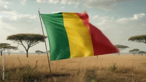 Waving Flag of Mali in African Savanna Background, Seamless Loop, Country Pride and National