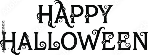 Happy Halloween curly serif lettering vector illustration. An elegant and decorative black typographic design featuring classic characters adorned with whimsical swirls and flourishes, 