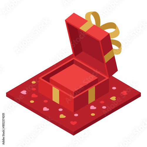 An open red gift box with a gold ribbon sits on a red mat adorned with small hearts, symbolizing celebration and surprise
