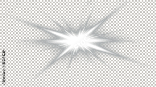 Bright White Starburst Light Flash with Radiant Rays Isolated on Transparent Background for Graphic Design Overlay.